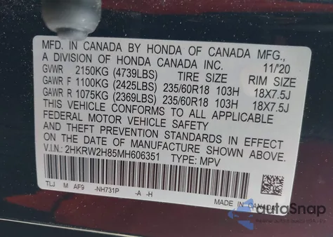 2021 Honda Cr-V Awd Ex-L из США, поврежденный, VIN 2HKRW2H85MH606351